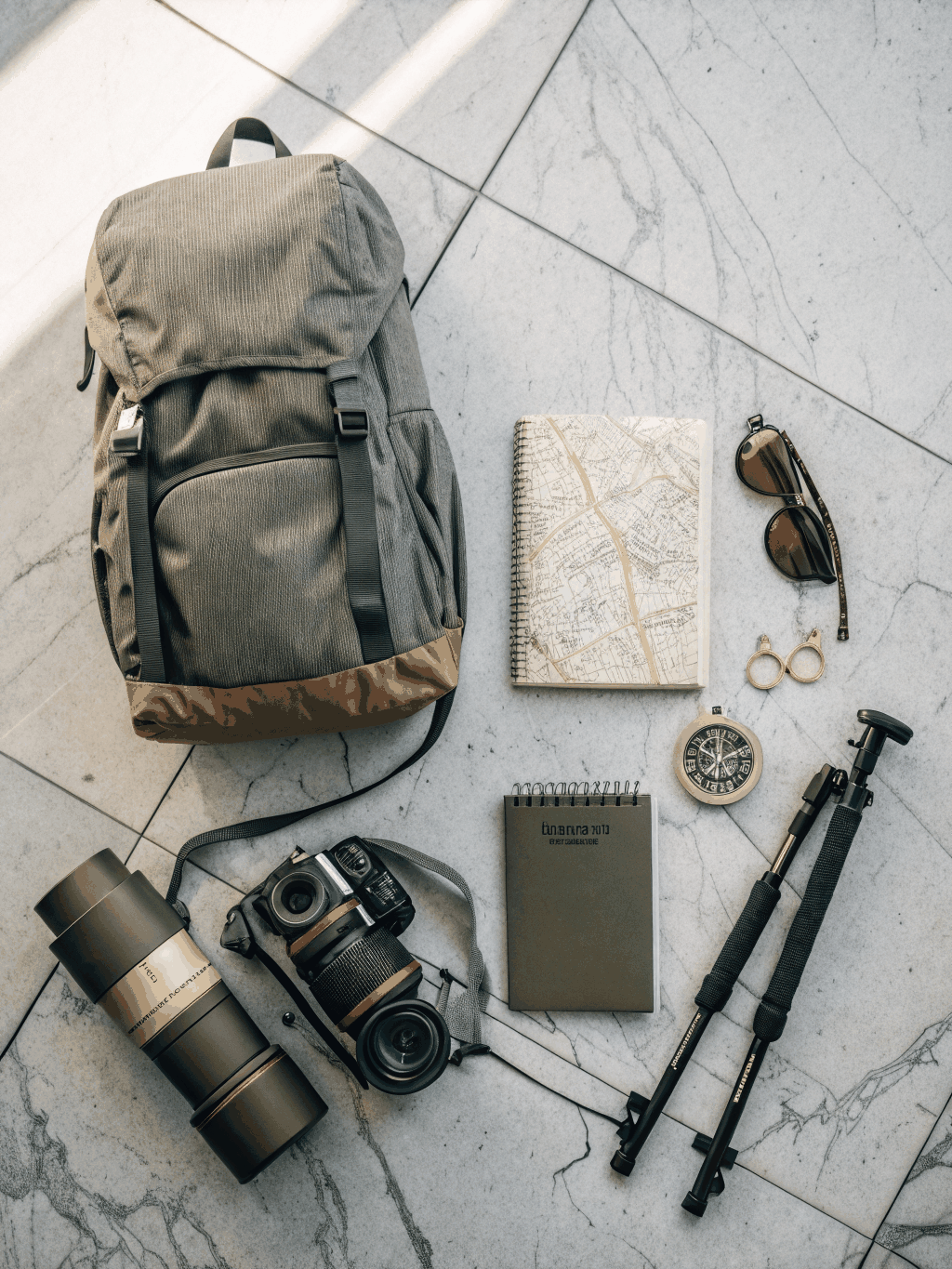 Technical gear laid out for an expedition