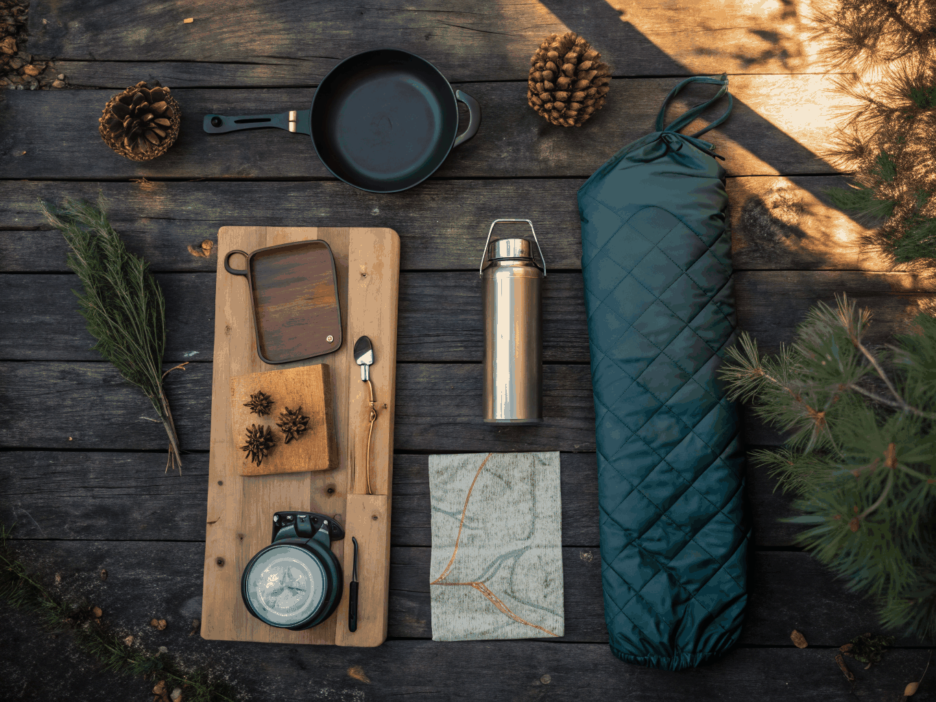 Technical camping gear arranged by a morning fire