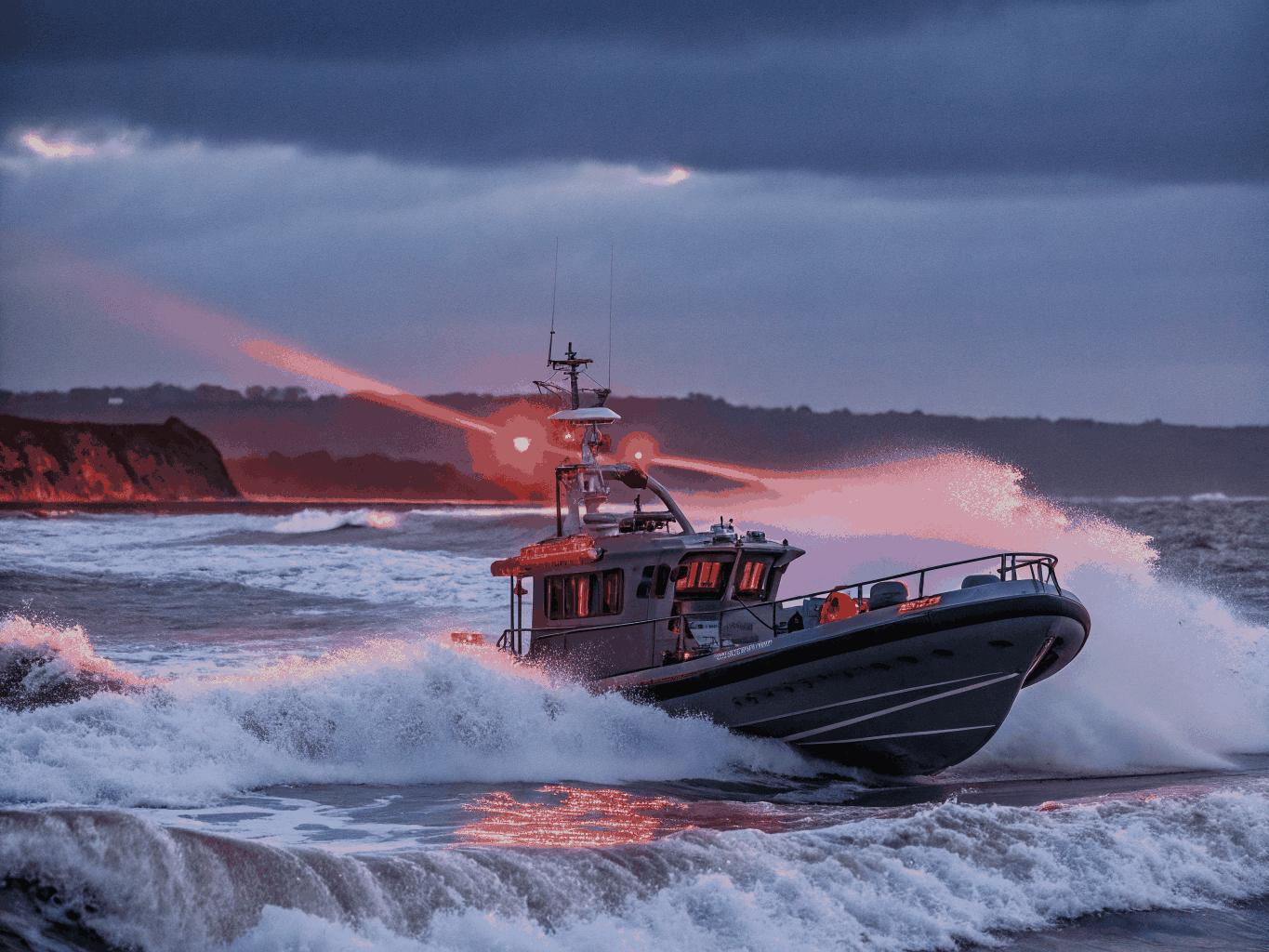 Off-shore boat expedition in moody lighting