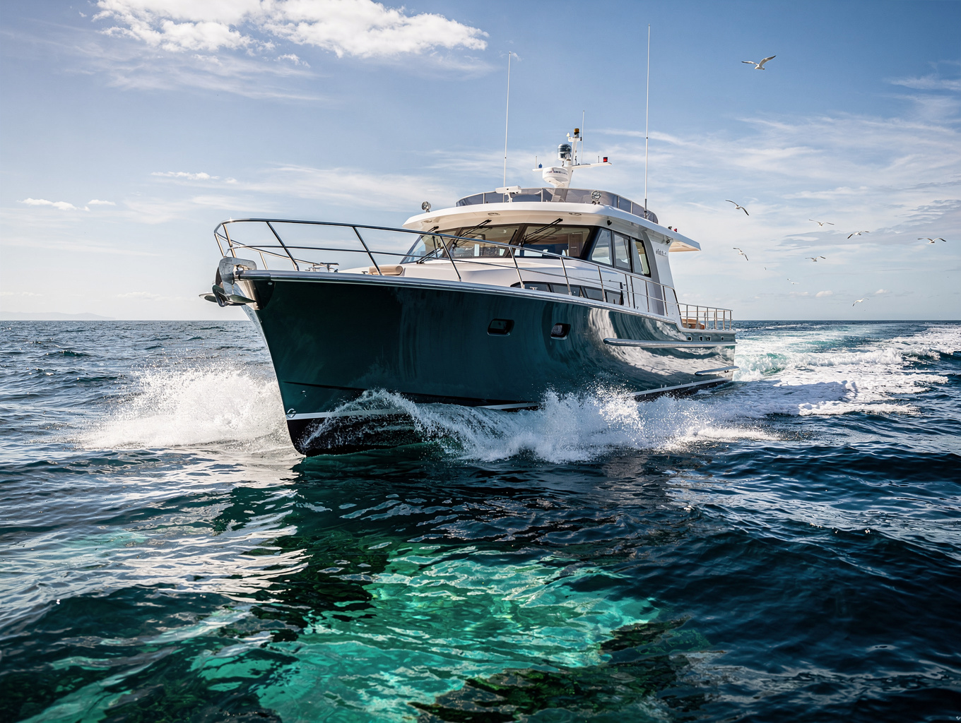 Adventure boat cutting through deep blue offshore swells