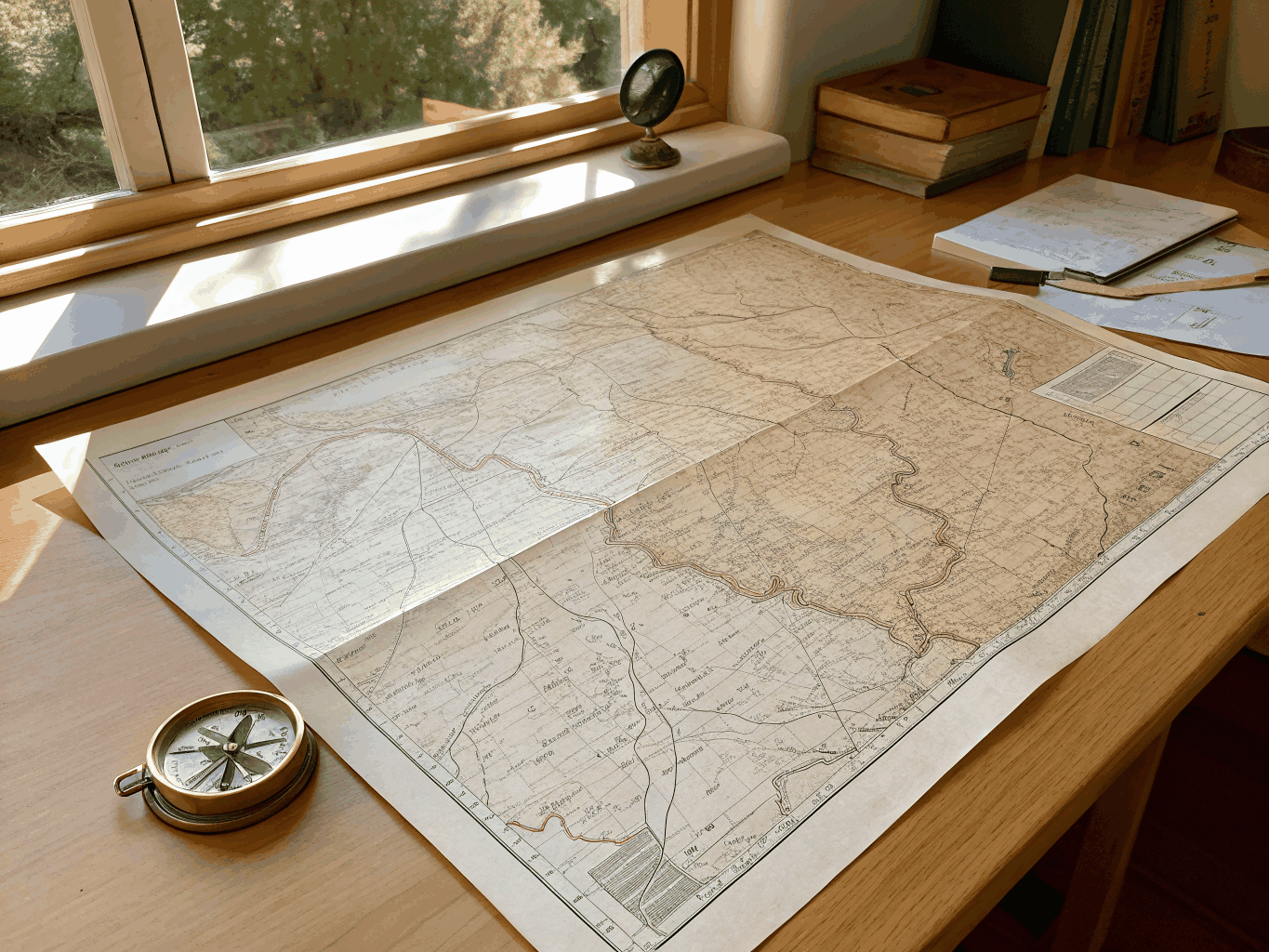 Close up of a topographic map and compass